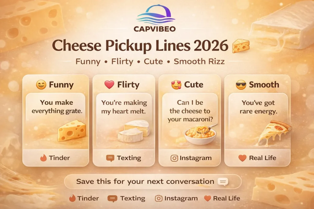  Cheese pickup lines infographic featuring funny, flirty, cute, and smooth rizz lines for Tinder, texting, Instagram, and real-life flirting in 2026.