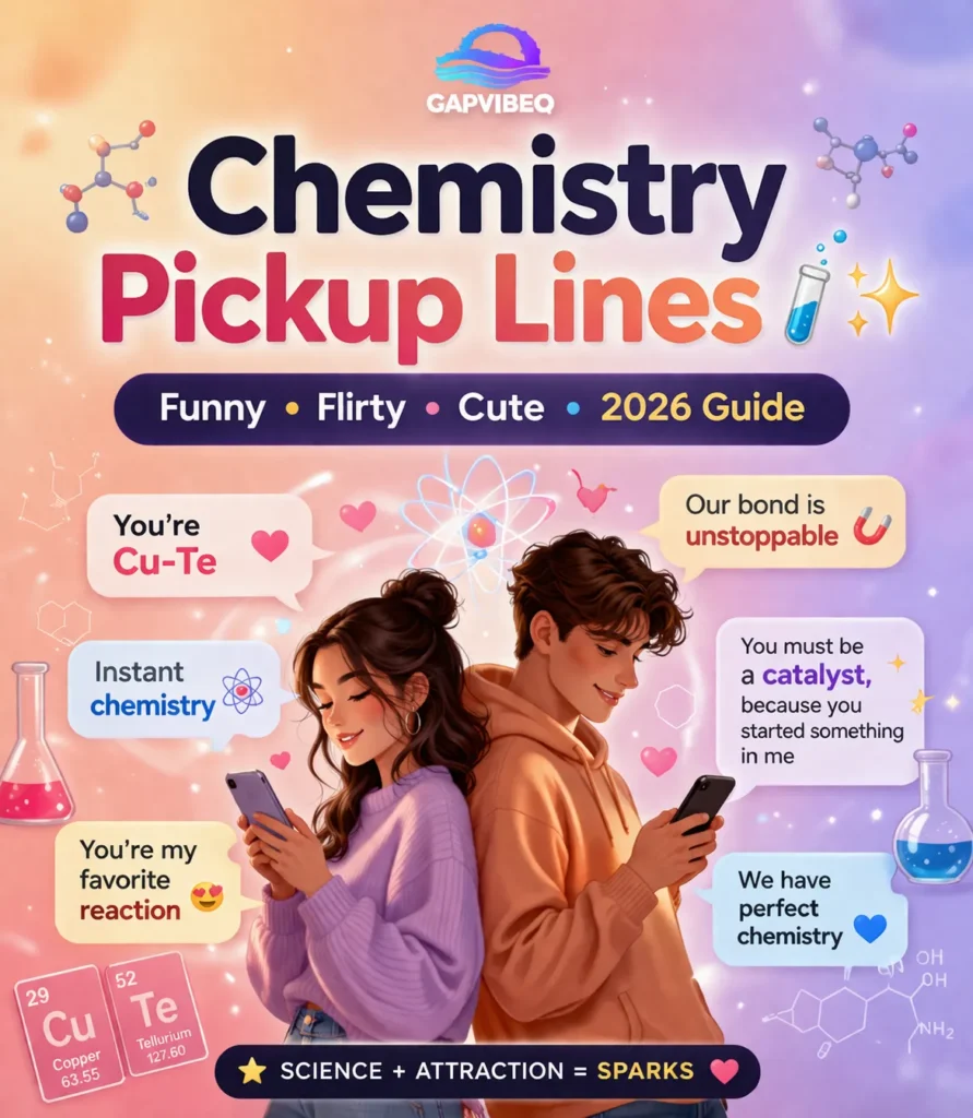 Chemistry pickup lines infographic with flirty, funny, and cute science-based lines for Tinder,