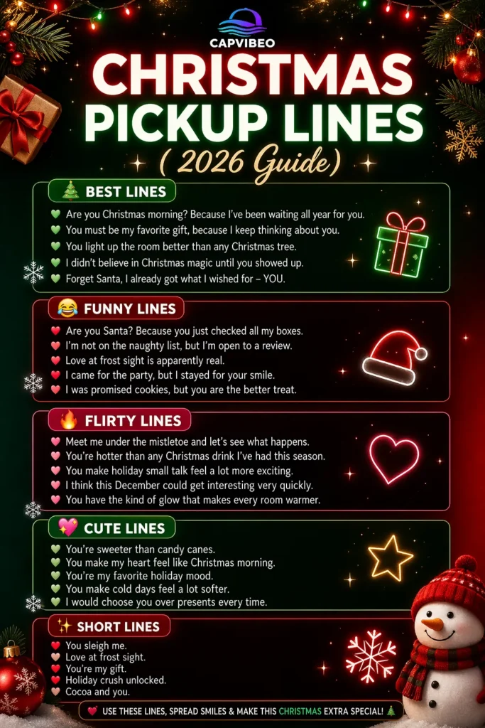  Christmas pickup lines infographic featuring cute, funny, flirty, and short holiday lines for texting, Tinder, DMs, and festive conversations in 2026.