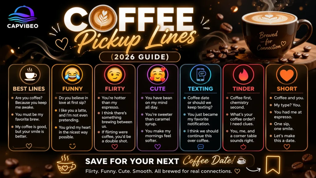  Coffee pickup lines infographic featuring funny, flirty, cute, and short coffee lines for texting, Tinder, and café conversations.
