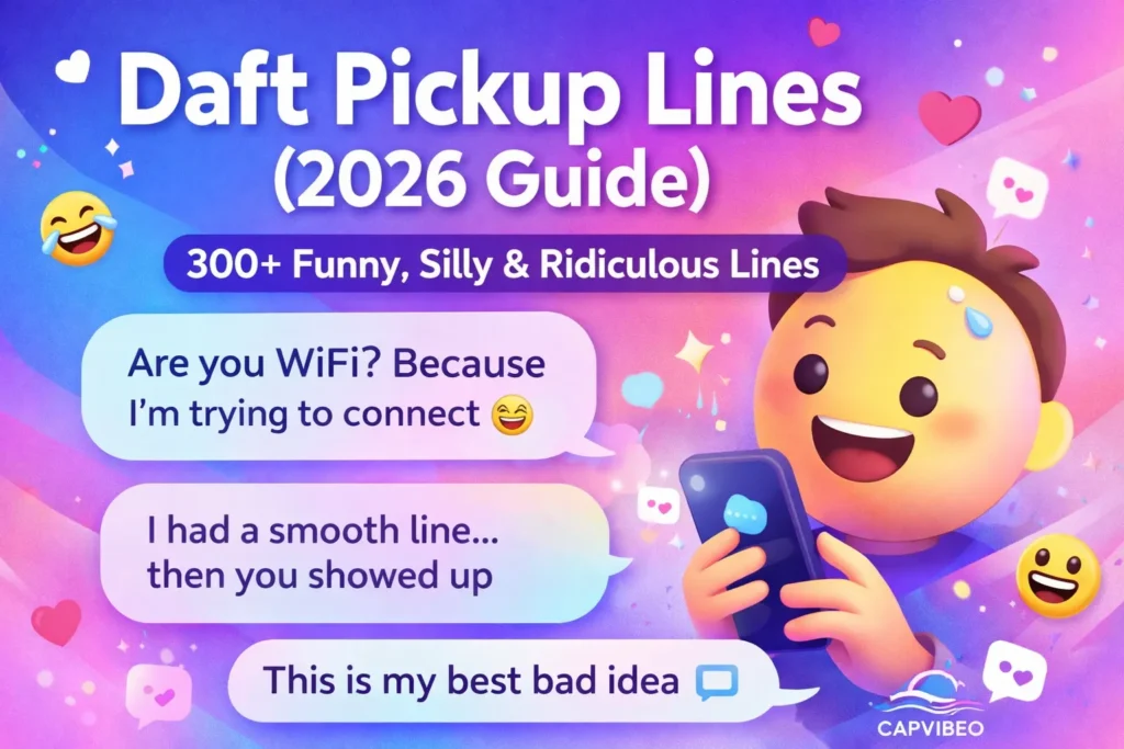 Daft pickup lines infographic with funny, silly, and cringe chat openers for Tinder, texting, and Instagram DMs in 2026
