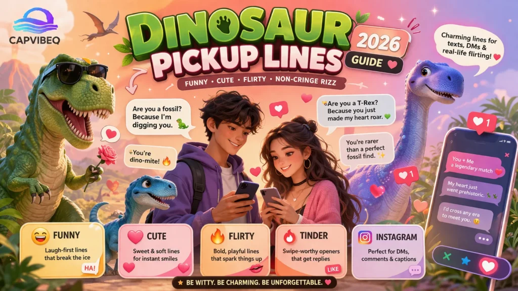 Dinosaur pickup lines infographic with cute dinosaurs, chat bubbles, and flirty text messages for texting, Tinder, and Instagram flirting.
