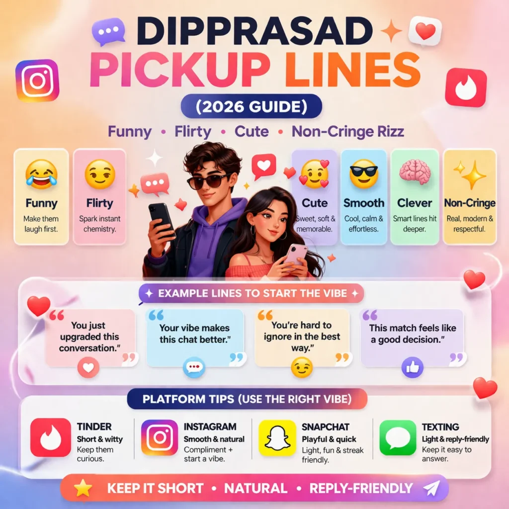 Dipprasad pickup lines infographic showing funny, flirty, cute, a nd non-cringe rizz examples with texting, Instagram, and Tinder tips for 2026.
