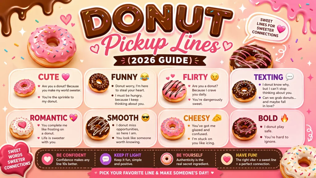 Donut pickup lines infographic showing cute, funny, and flirty lines for 2026 with colorful donut-themed design and modern layout.