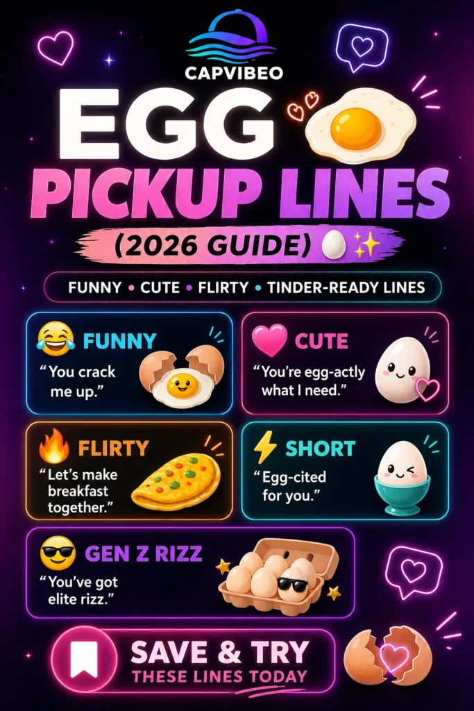  Egg pickup lines infographic featuring funny, cute, flirty, and Tinder-ready lines with a modern aesthetic design for social media use.