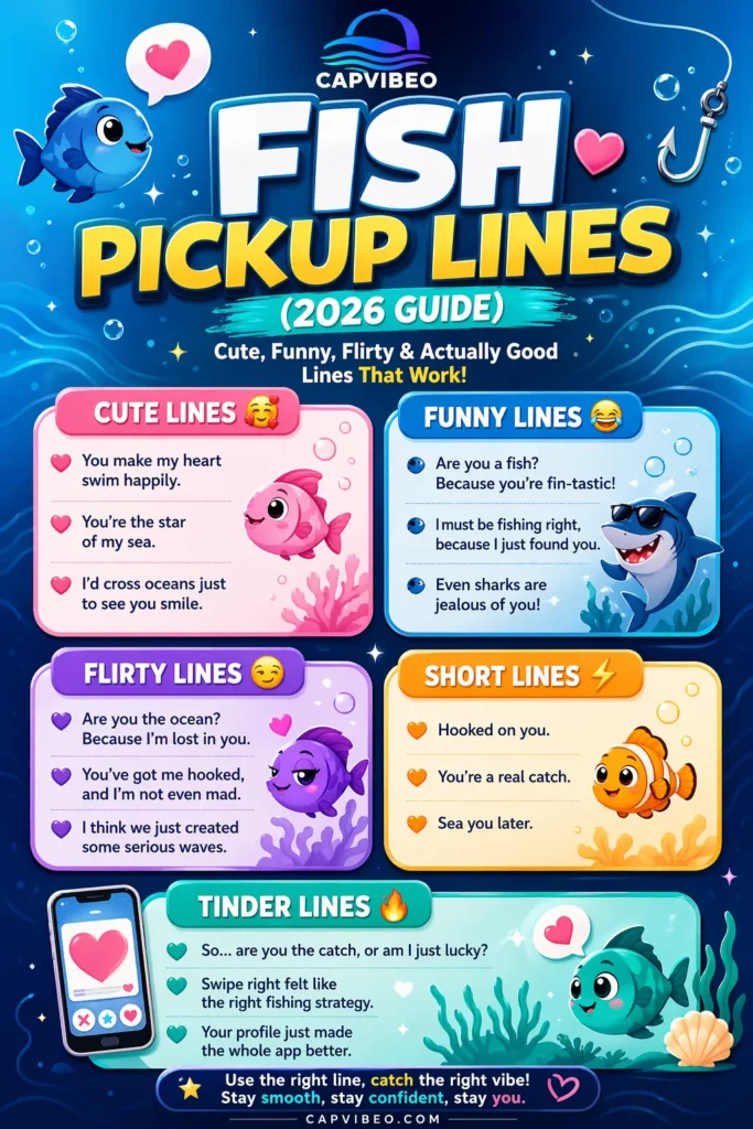 Fish pickup lines infographic showing cute, funny, flirty, and Tinder-ready lines with modern ocean-themed design for 2026 dating and social media use.
