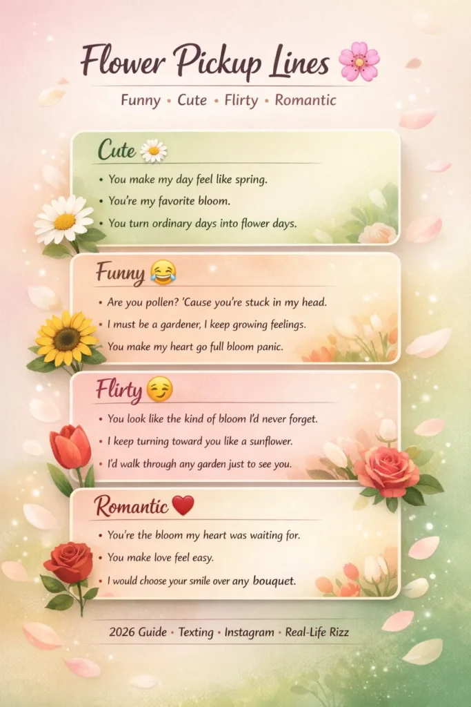 Flower pickup lines infographic with cute, funny, flirty, and romantic rizz ideas for texting, Instagram captions, and modern dating in 2026