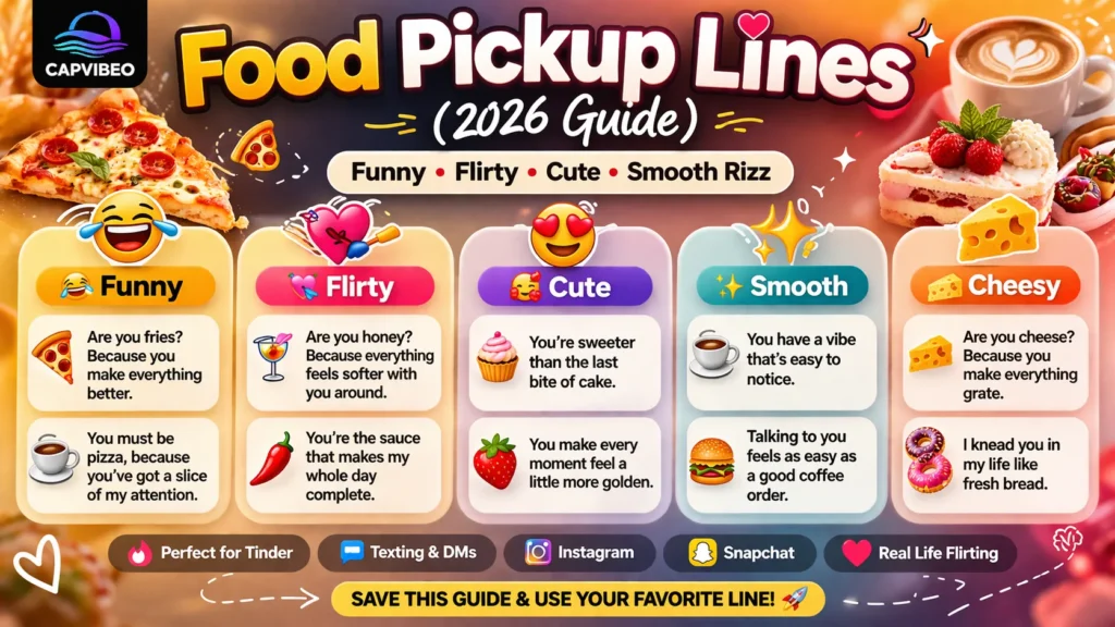 Food pickup lines infographic 2026 featuring funny, flirty, cute, and smooth rizz examples for Tinder, texting, and social media.