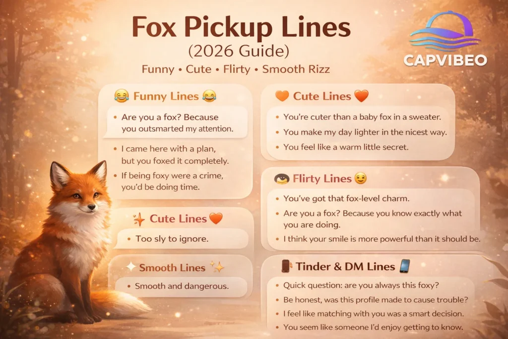 Fox pickup lines infographic featuring funny, cute, flirty, and smooth pickup lines with a stylish fox design for Tinder, texting, and social media use.