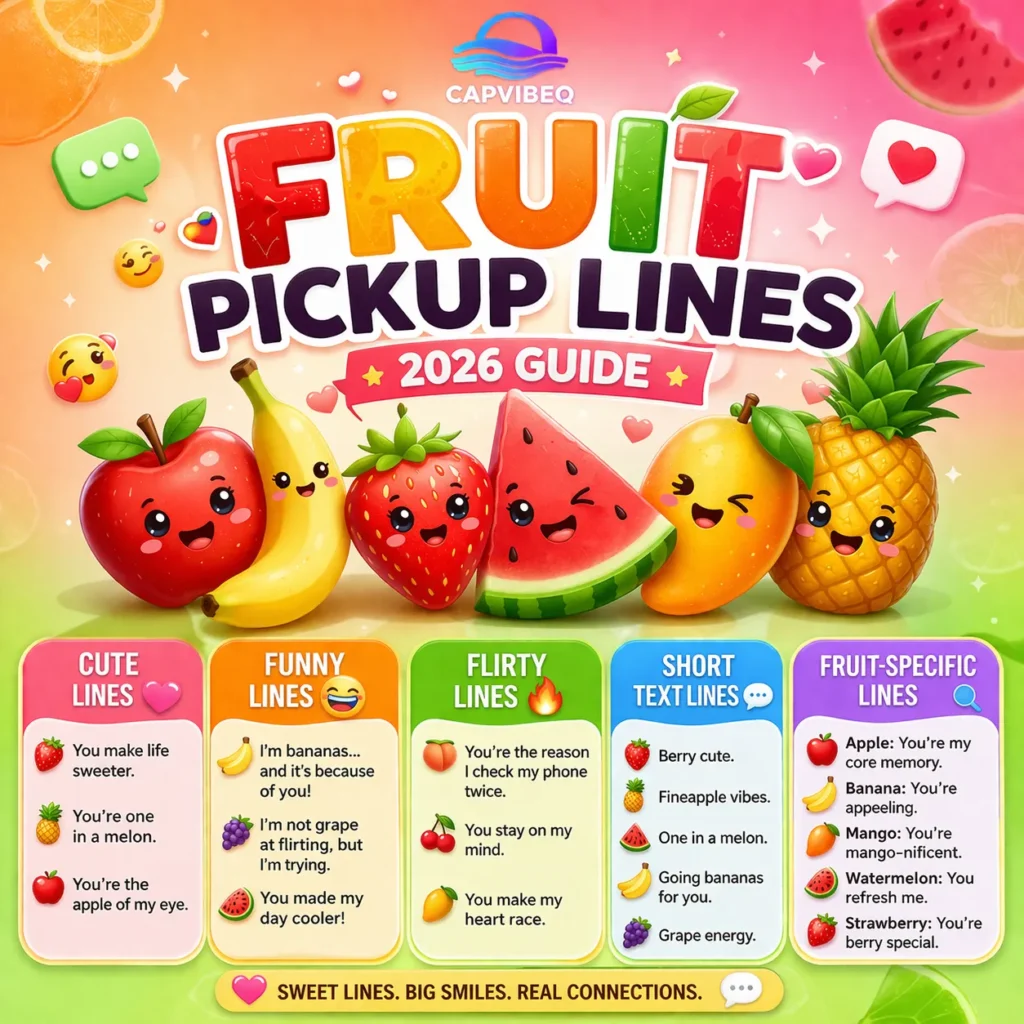 Fruit pickup lines infographic featuring cute, funny, and flirty fruit rizz lines with colorful fruits like apple, banana, strawberry, and mango