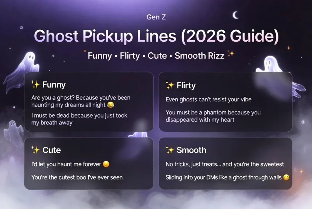 Ghost pickup lines infographic 2026 featuring funny, flirty, cute, and smooth rizz lines for Tinder, texting, Instagram, and Halloween flirting.