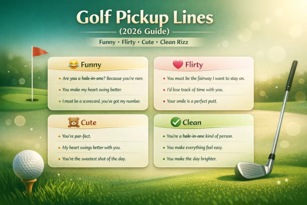 Golf pickup lines infographic showing funny, flirty, cute, and clean rizz examples with aesthetic golf-themed design for texting and Instagram

