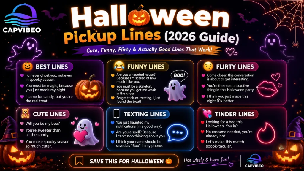 Halloween pickup lines infographic featuring cute, funny, and flirty one-liners for parties, texting, and Tinder in a modern spooky design.

