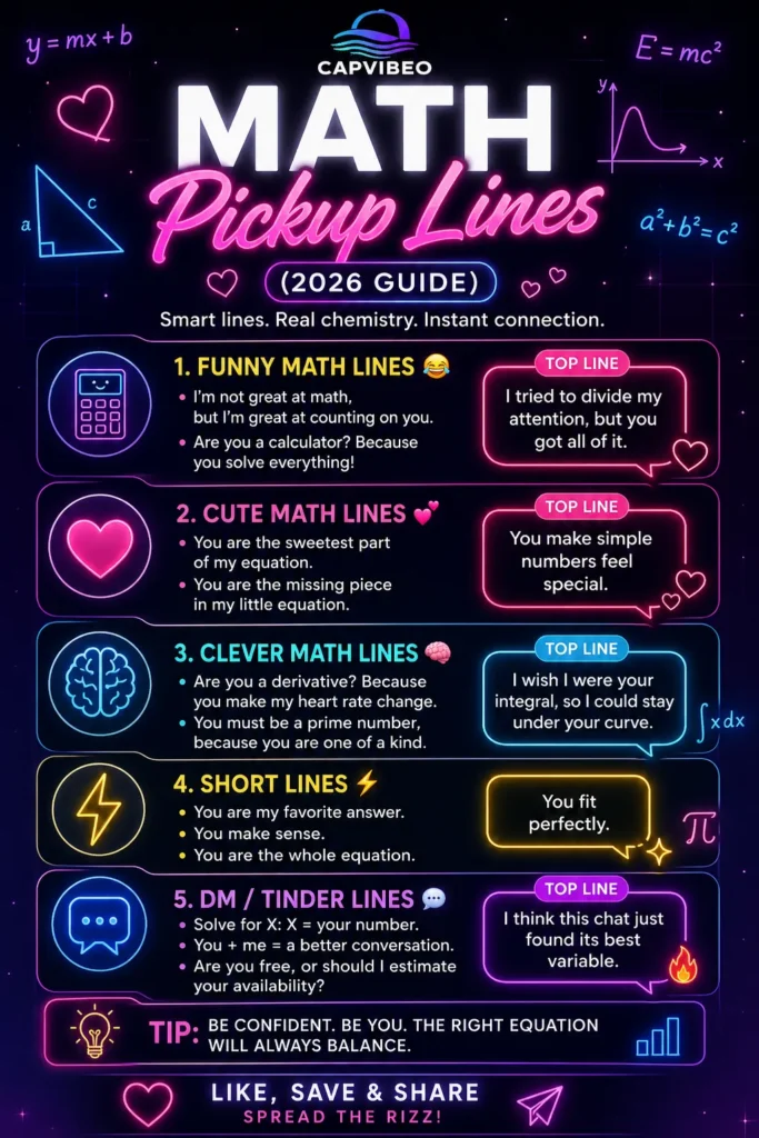 Infographic showing the best math pickup lines for 2026, including funny, cute, clever, and short lines for crushes, Tinder, and social media conversations.
