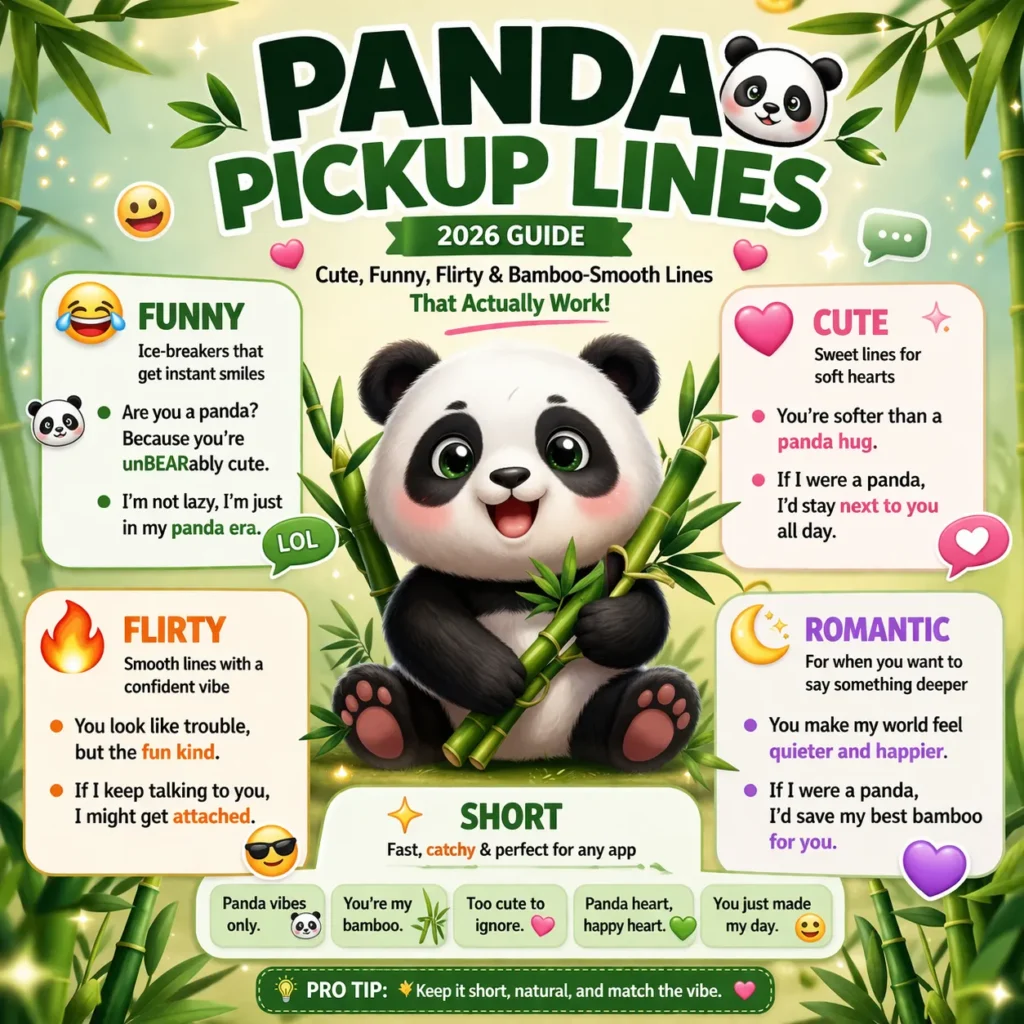 Panda pickup lines infographic showing cute, funny, flirty, romantic, and short lines with a panda and bamboo-themed design
