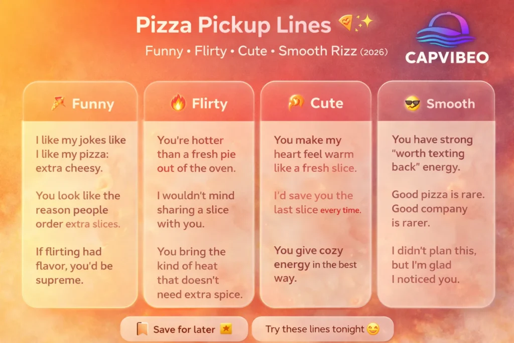 Pizza pickup lines infographic featuring funny, flirty, cute, and smooth rizz lines for Tinder, texting, Instagram, and real-life flirting (2026 guide)