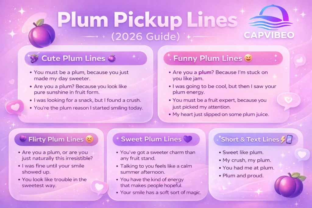 Plum pickup lines infographic with cute, funny, flirty, and sweet examples in a modern purple gradient design for 2026.