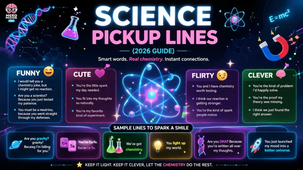 Science pickup lines infographic showing funny, cute, flirty, and clever nerdy lines with science icons like atoms, DNA, and chemistry elements
