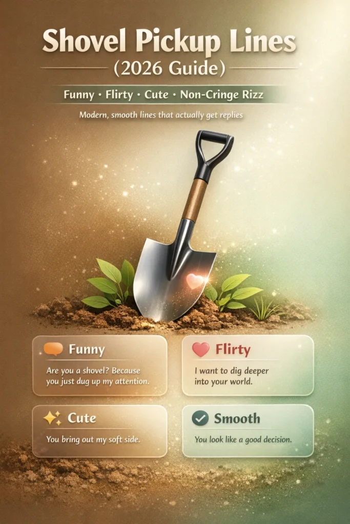 Shovel pickup lines infographic showing funny, flirty, cute, and smooth non-cringe rizz ideas for Tinder, Instagram, and texting in 2026
