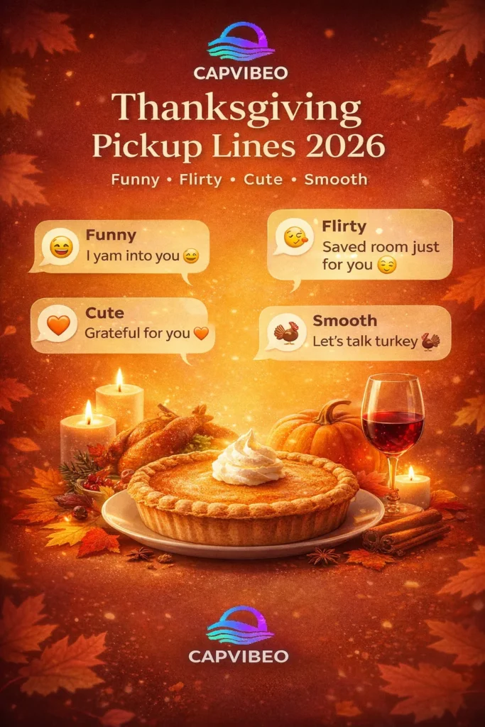 Thanksgiving pickup lines infographic showing funny, flirty, cute, and smooth lines with an autumn theme, pumpkin pie, turkey, and a social media-friendly design
