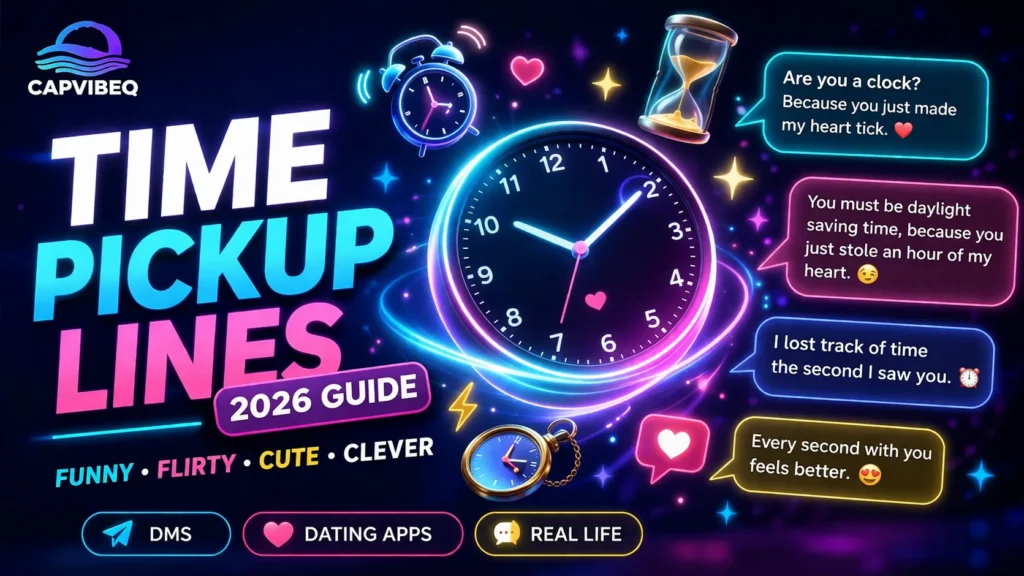 Time pickup lines infographic with glowing clock, chat bubbles, and categories like funny, flirty, cute, and clever lines for dating and texting