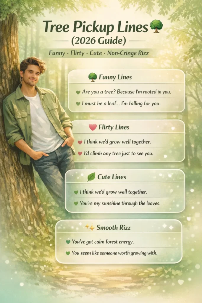 Tree pickup lines infographic showing funny, flirty, cute, and non-cringe nature-themed rizz lines for Tinder, texting, Instagram, and real-life conversations
