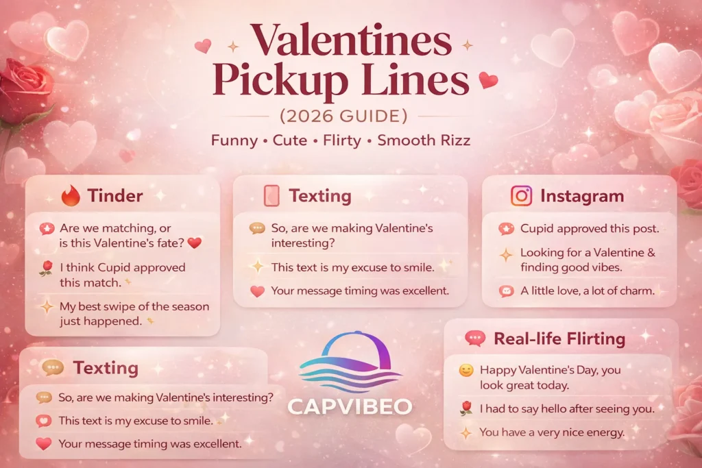 Valentine's pickup lines infographic 2026 featuring funny, cute, flirty, and smooth pickup lines for Tinder, texting, Instagram, Snapchat, and real-life flirting.