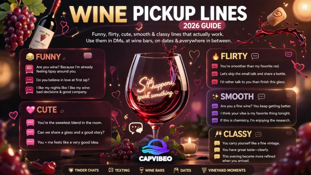 Wine pickup lines infographic showing funny, flirty, cute, smooth, and classy lines for Tinder, texting, dates, and wine bar conversations