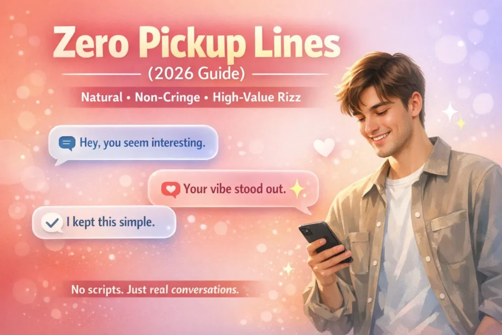 Zero pickup lines infographic showing natural, non-cringe conversation starters for Tinder, Instagram, texting, and real-life dating in 2026
