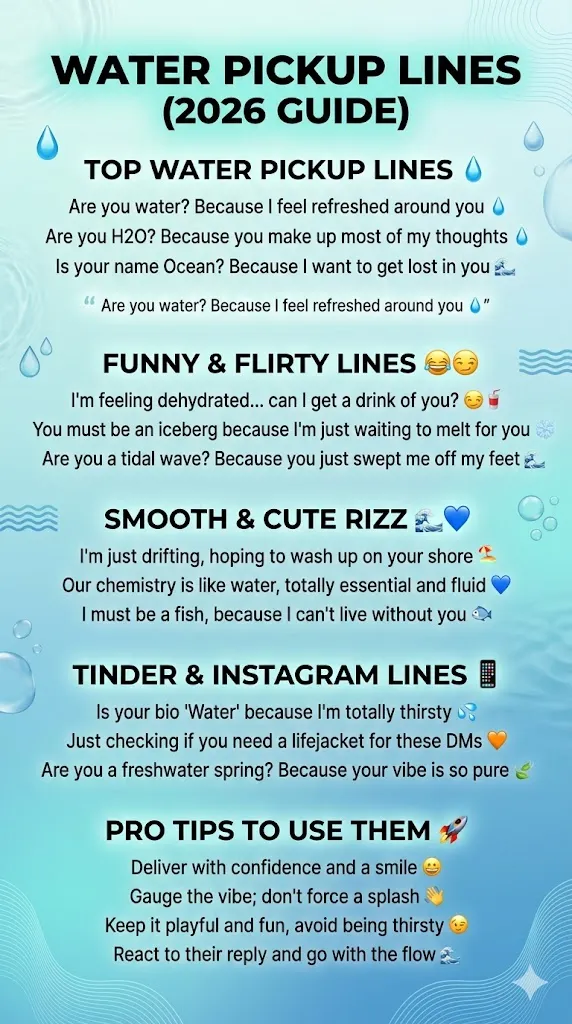 Water pickup lines infographic 2026 featuring funny, flirty, smooth, and cute water rizz lines for Tinder, Instagram, and modern dating.