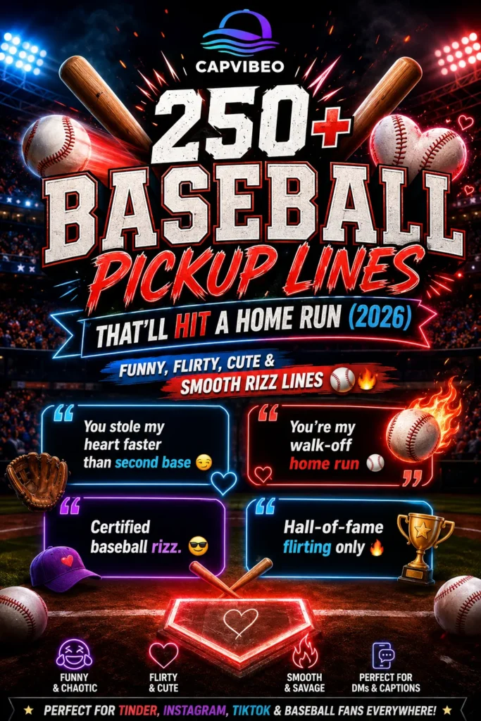Funny and flirty baseball pickup lines infographic featuring viral sports rizz jokes, baseball puns, home run flirting lines, and Gen-Z baseball captions.
