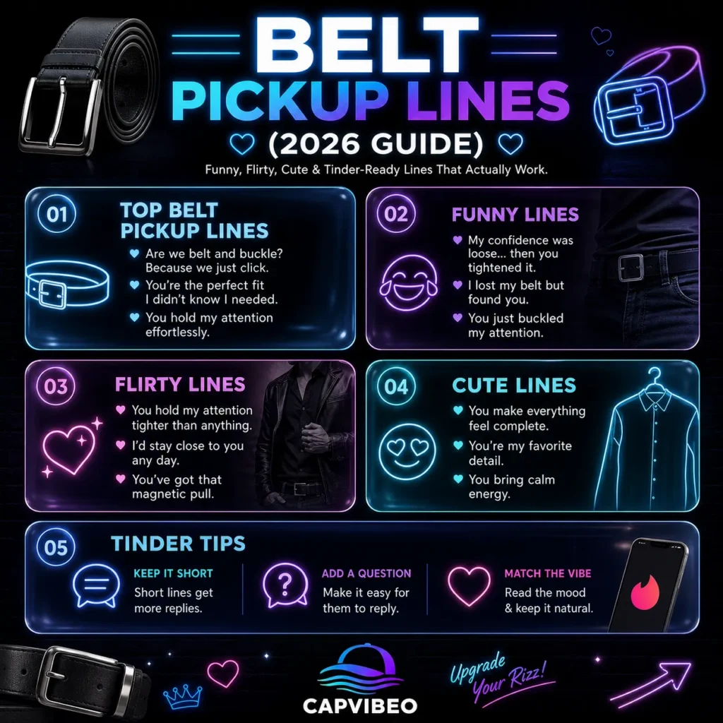 Belt pickup lines infographic 2026 featuring funny, flirty, cute, and Tinder-ready lines with modern dating tips and Gen Z style design
