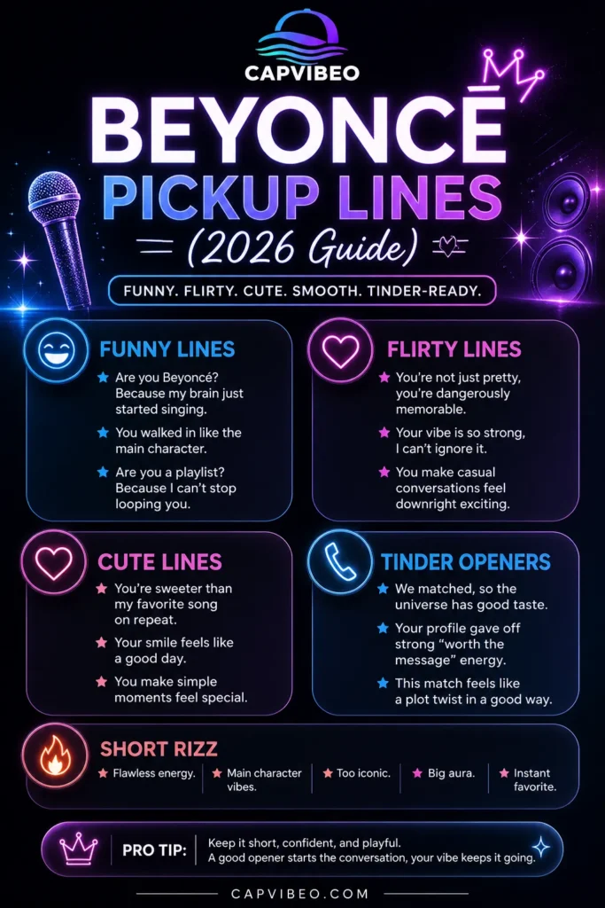 Beyoncé pickup lines 2026 infographic featuring funny, flirty, cute, Tinder-ready, and short rizz lines in a modern neon aesthetic design.