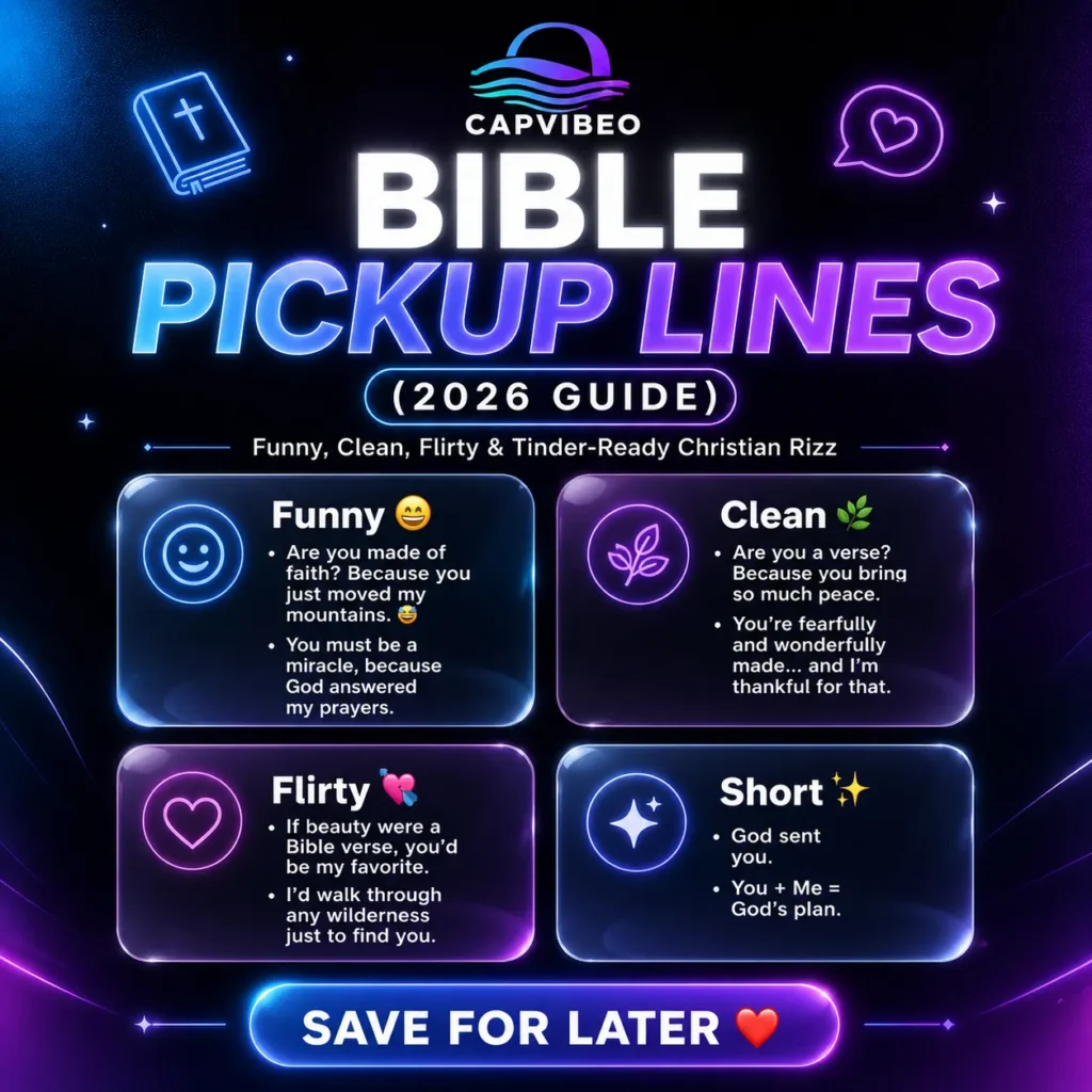 Bible pickup lines infographic featuring funny, clean, flirty, and Tinder-ready Christian rizz examples for texting, church crush, and social media.
