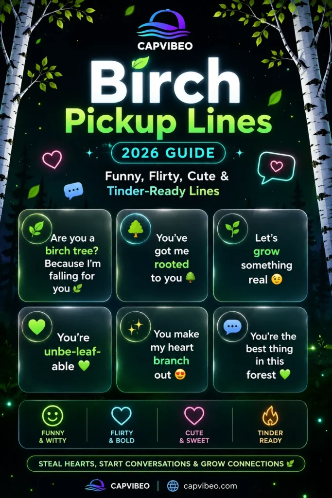  Birch pickup lines infographic featuring funny, flirty, and cute tree puns for Tinder, texting, and social media flirting in 2026.