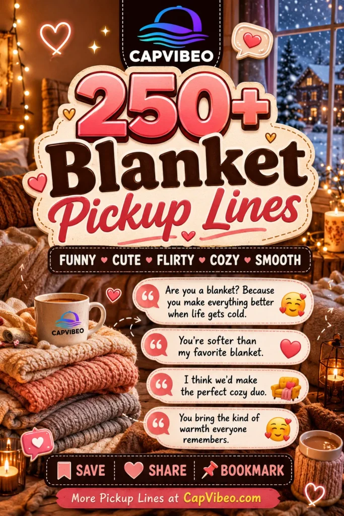 Infographic featuring 250+ Blanket Pickup Lines with funny, cute, flirty, and cozy one-liners. Warm blanket-themed design with soft winter aesthetics, fairy lights, coffee mugs, and romantic social media-inspired visuals.