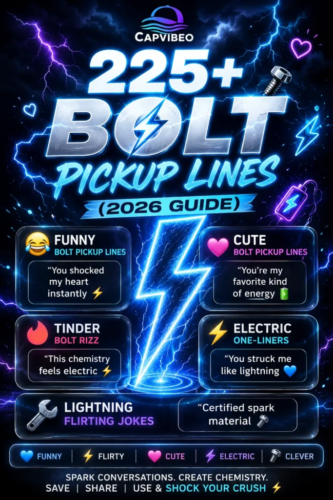Funny and clever Bolt pickup lines infographic with neon lightning effects, electric rizz jokes, and modern flirting lines for Tinder and texting.