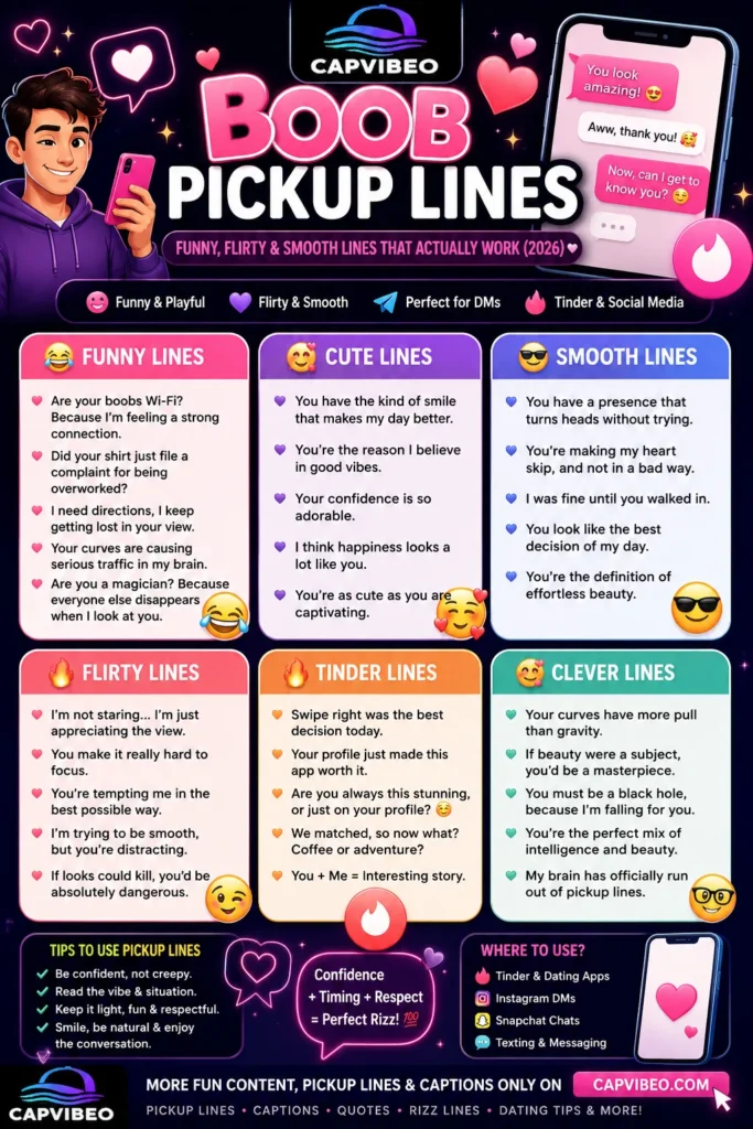 “Modern infographic showing funny, flirty, cute, and smooth boob pickup lines for Tinder, texting, Instagram DMs, and social media flirting.”