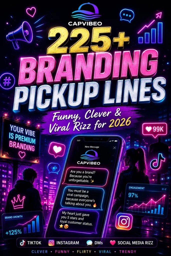 “Vertical infographic featuring 225+ branding pickup lines with neon social media branding aesthetics, marketing-themed rizz quotes, viral TikTok-style design, and modern Gen-Z luxury visuals.”