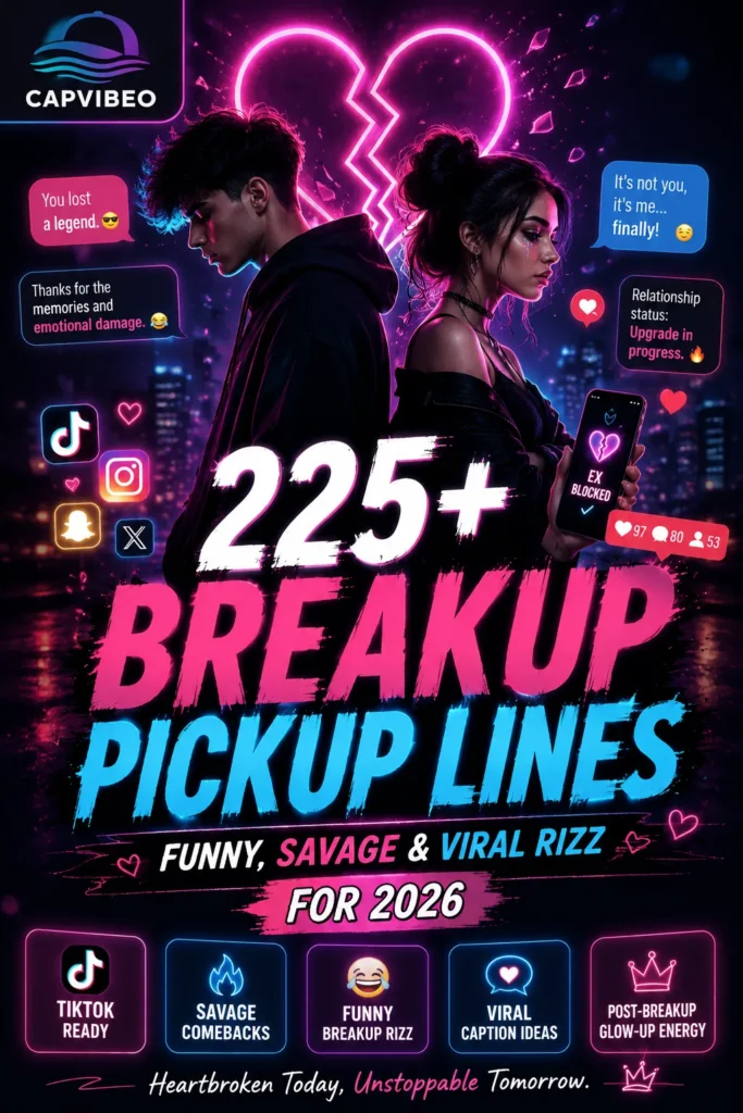Funny and savage breakup pickup lines infographic with neon heartbreak aesthetic, Gen-Z social media style, viral TikTok caption vibes, and post-breakup glow-up theme for 2026.