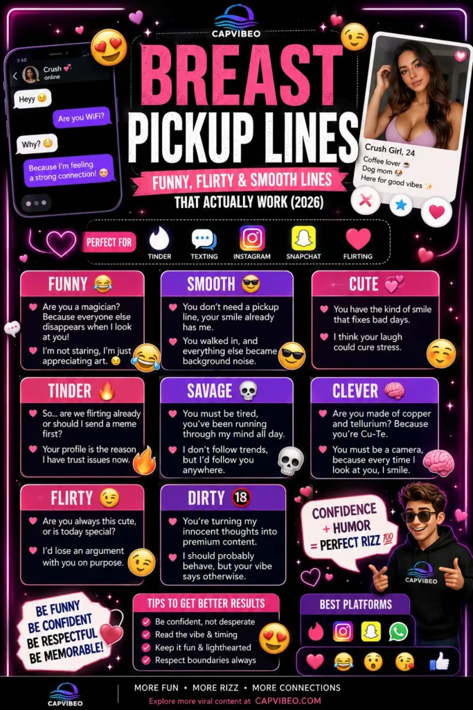 Funny and flirty breast pickup lines infographic with modern Tinder-style rizz jokes, cute flirting lines, smooth one-liners, and Gen-Z social media humor design.