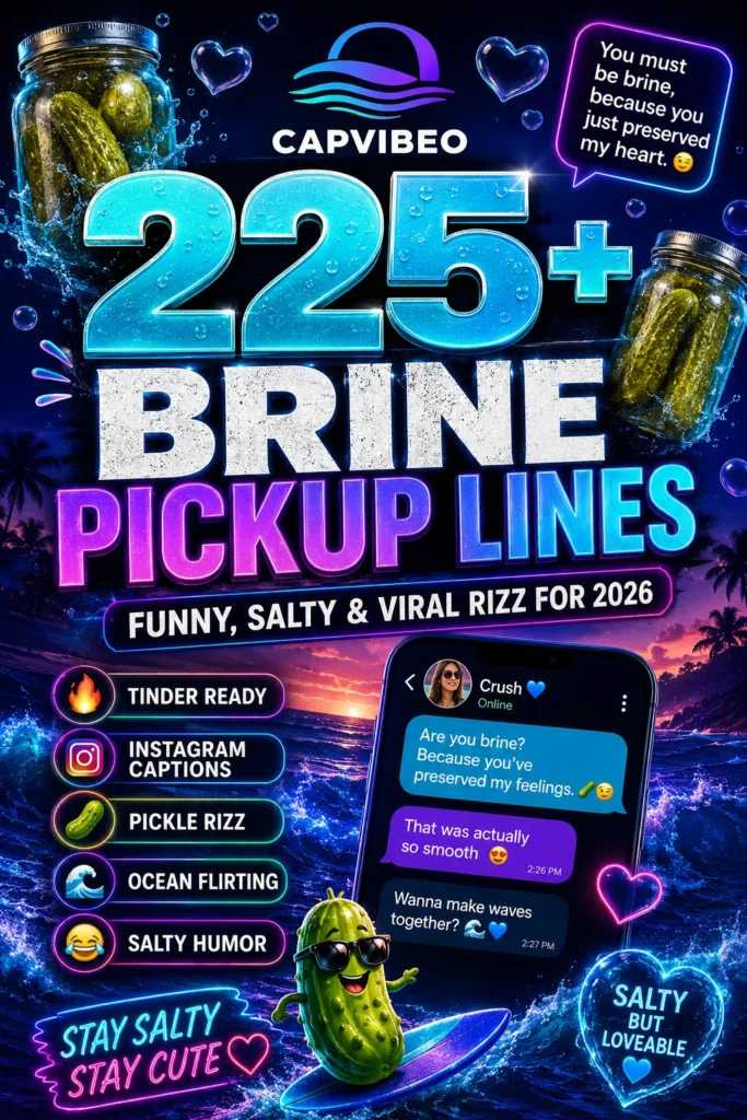 225+ brine pickup lines infographic with funny salty rizz, pickle jokes, ocean flirting lines, and viral Tinder captions for 2026