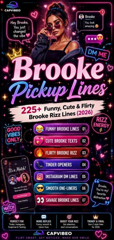 Brooke Pickup Lines infographic featuring funny, cute, flirty, and romantic Brooke rizz lines with neon Gen-Z social media style design for Tinder, Instagram, and texting in 2026.