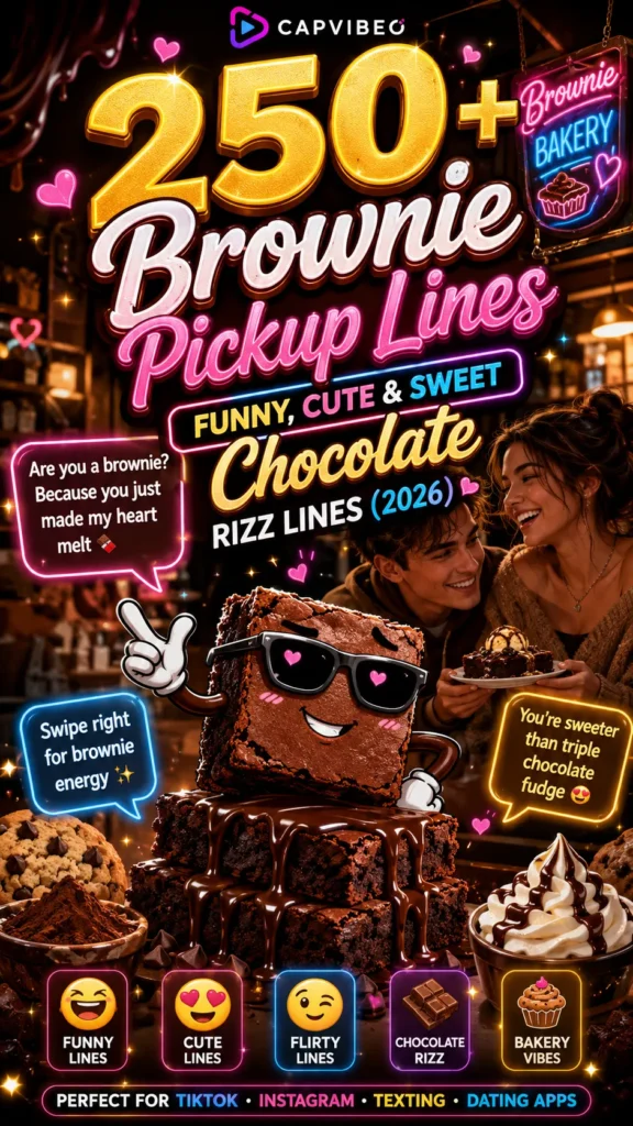 Brownie pickup lines infographic featuring funny chocolate rizz lines, cute dessert flirting jokes, bakery-themed pickup lines, and Gen-Z brownie humor for TikTok and Instagram.