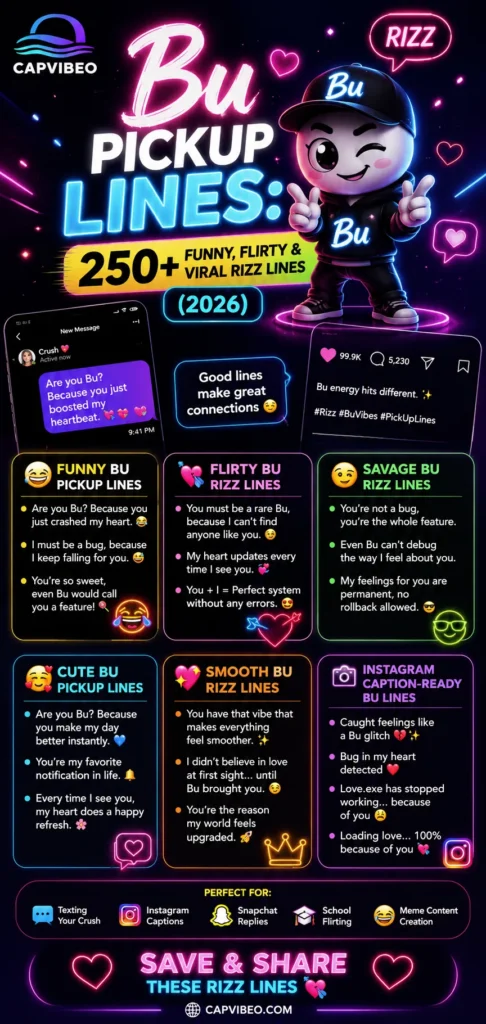  Bu Pickup Lines infographic showing 250+ funny, flirty, cute, savage, and smooth rizz lines with neon Gen-Z aesthetic design for Instagram and TikTok sharing (2026 guide)