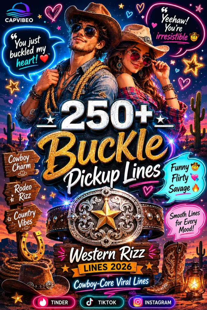 “Buckle Pickup Lines infographic featuring funny cowboy rizz jokes, western flirting lines, neon rodeo aesthetics, and viral country-style pickup lines for TikTok and Instagram.”