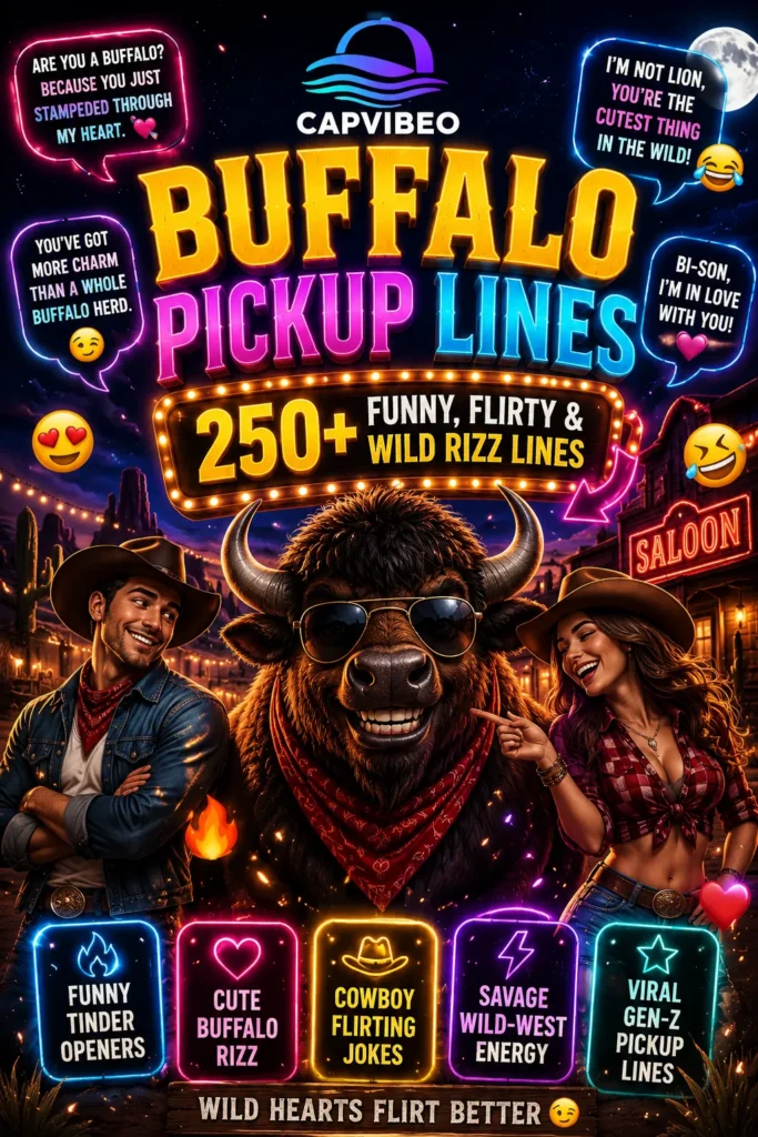 Funny buffalo pickup lines infographic with neon cowboy aesthetic, flirty buffalo rizz jokes, wild west humor, and Gen-Z dating captions for 2026.