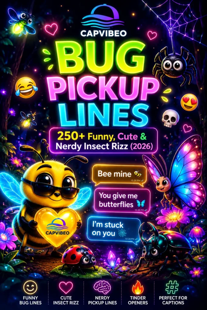 Funny neon bug pickup lines infographic featuring cute bees, butterflies, spiders, and insect rizz quotes in a colorful Gen-Z social media style design.