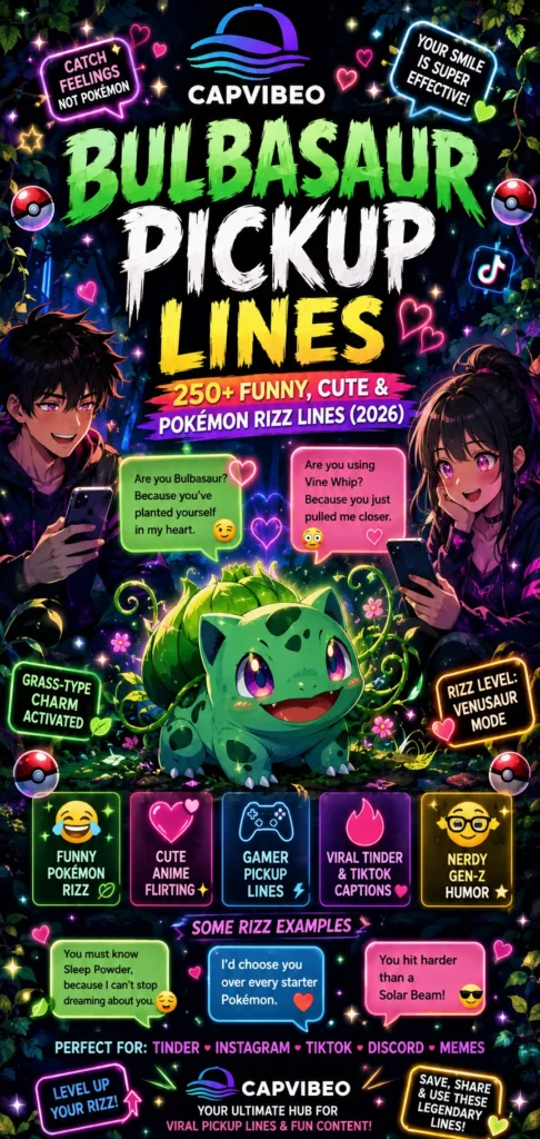 Funny Bulbasaur pickup lines infographic with cute Pokémon-inspired neon anime aesthetic, gamer rizz jokes, TikTok-style flirting captions, and Gen-Z meme humor.