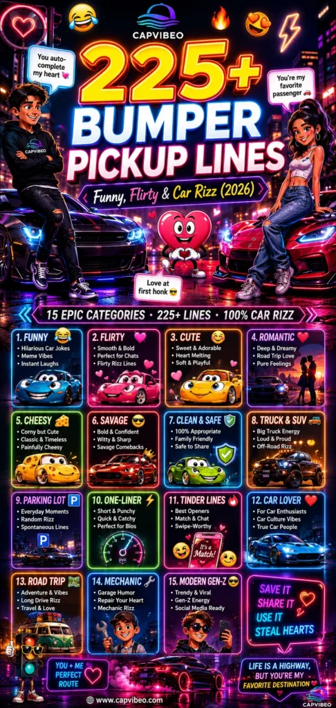 225+ bumper pickup lines infographic with funny, flirty car rizz jokes, neon sports cars, truck humor, and Gen-Z automotive pickup lines
